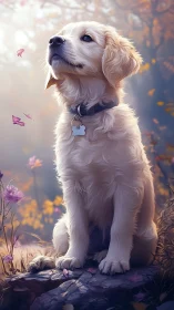 Golden retriever puppy sits in soft autumn forest light