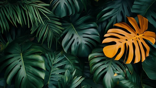 Golden monstera leaf contrasts with deep green jungle foliage
