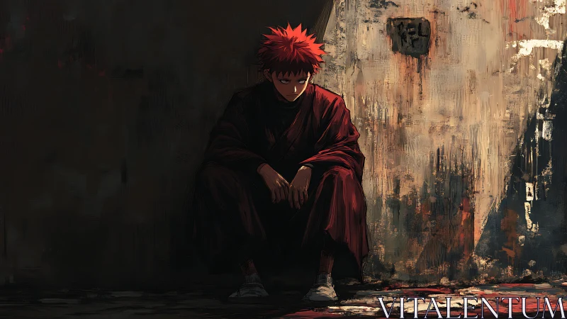 Solitary red-haired figure in chiaroscuro alleyway gloom.