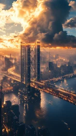Sunlit megastructure bisects river beneath turbulent cumulonimbus