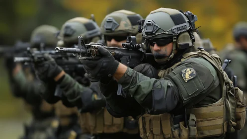 Special forces unit advancing in tactical live-fire drill.