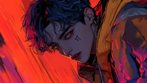 Stylized portrait of youth with red lighting and jacket.