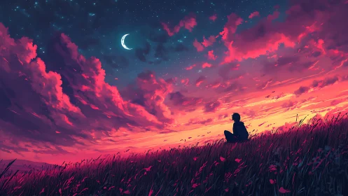 Solitary silhouette observing crescent moon over magenta dusk sky