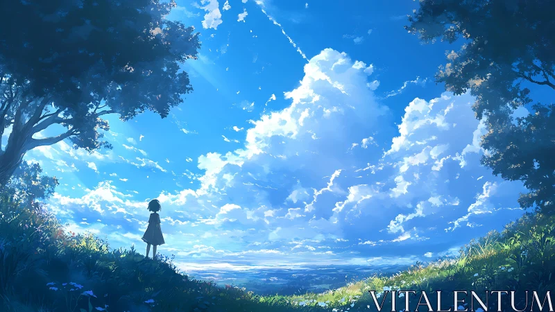 Solitary girl beneath vast luminous summer sky panorama.
