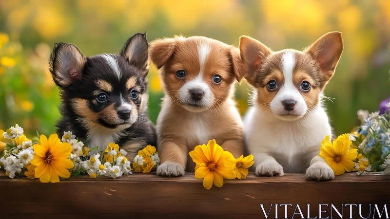 Three adorable puppies pose among yellow wildflower blossoms.