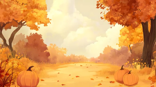 Autumn forest path with pumpkins rendered in warm diffuse lighting