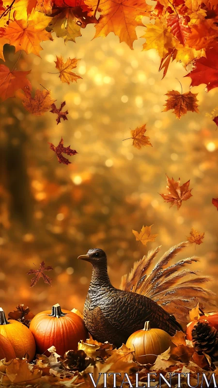 Turkey statue with pumpkins under falling autumn leaves.