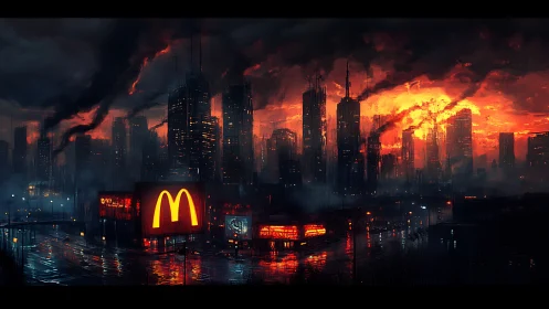 Neon fast-food beacon in blazing dystopian megacity dusk.
