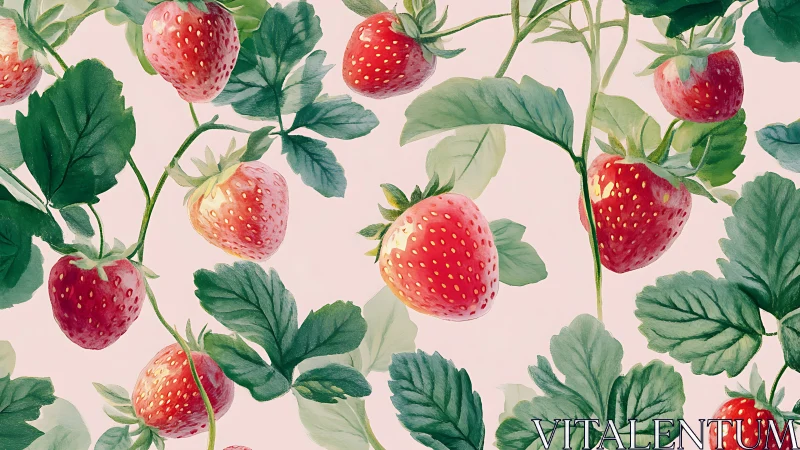 Strawberry vines pattern with painterly leaves on blush ground