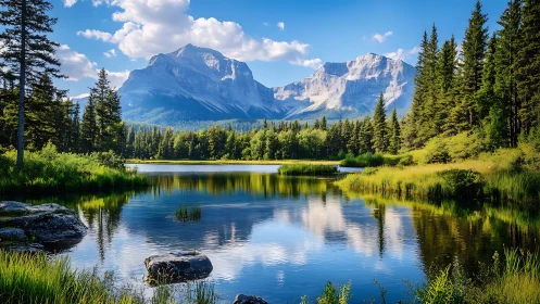 Alpine lake mirror with conifer forest and stratified mountainscape.