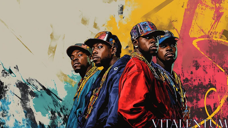 Urban hip hop quartet in bold streetwear against graffiti wall.