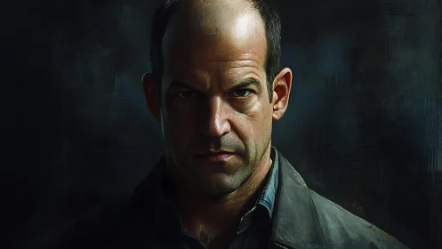 Intense middle aged man under hard chiaroscuro lighting.