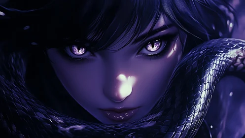 Enigmatic violet gaze meets coiled serpent in moonlit silence.