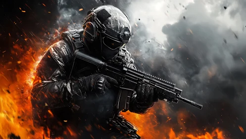 Armored soldier charging through explosive battlefield storm.