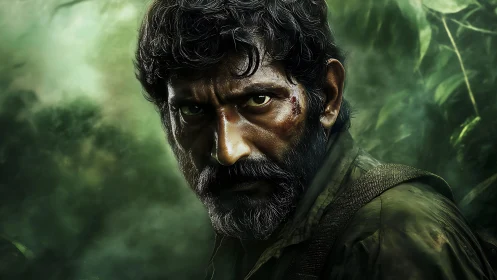 Wounded man stares intensely through dense jungle haze