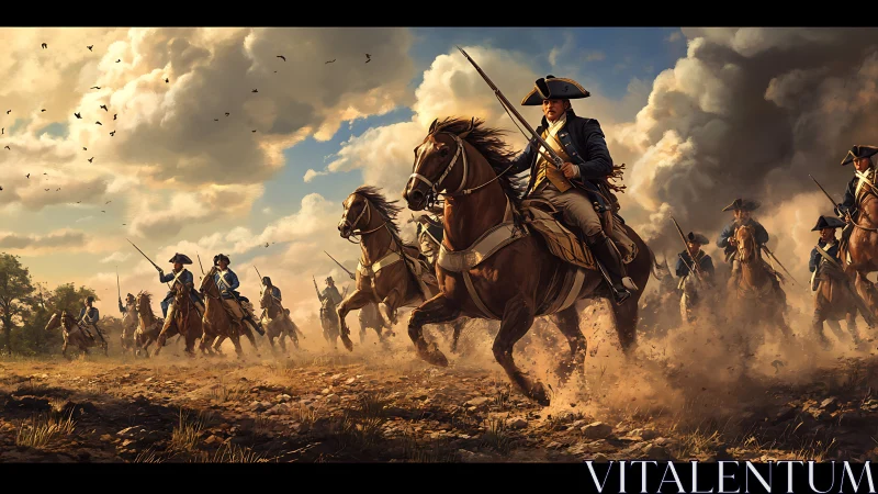 Galloping thunder of bluecoat cavalry beneath storm-torn skies.