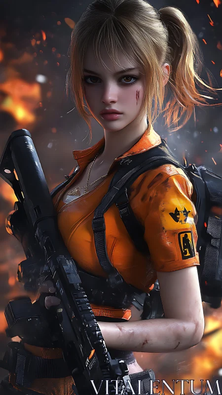 Battle-hardened female soldier grips rifle amid firestorm.