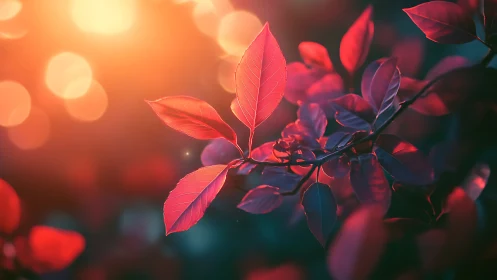 Sunlit ruby leaves glowing in a dreamy evening garden.