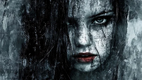 Gritty close-up of intense woman&rsquo;s face in dark tones.