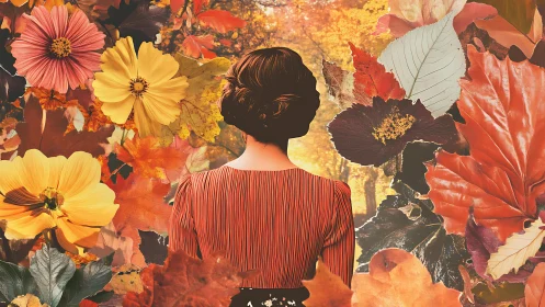 Woman stands within vivid autumn collage of flowers and leaves