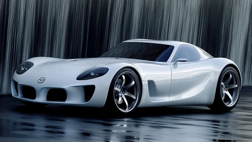 Sculpted white sports coupe under cascading light curtain.