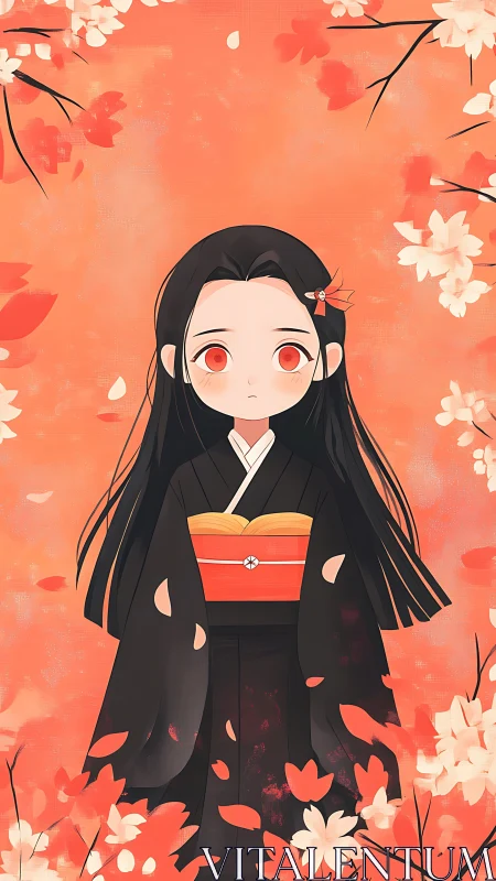 Girl in black kimono amid orange and white blossoms.