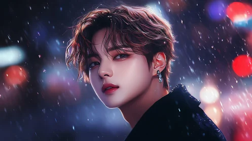 Digital portrait of youthful figure in nocturnal city rain.