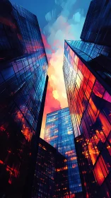 Neon glass towers under blazing sunset sky reflections.