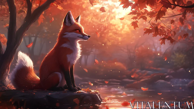 Red fox sits by reflective stream in diffuse autumn light