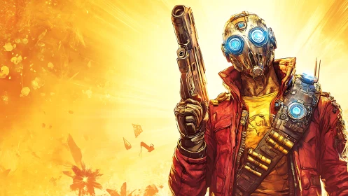 Masked sci fi gunman stands in front of bright yellow burst