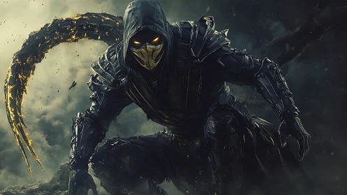 Hooded spectral warrior crouches in swirling toxic smoke