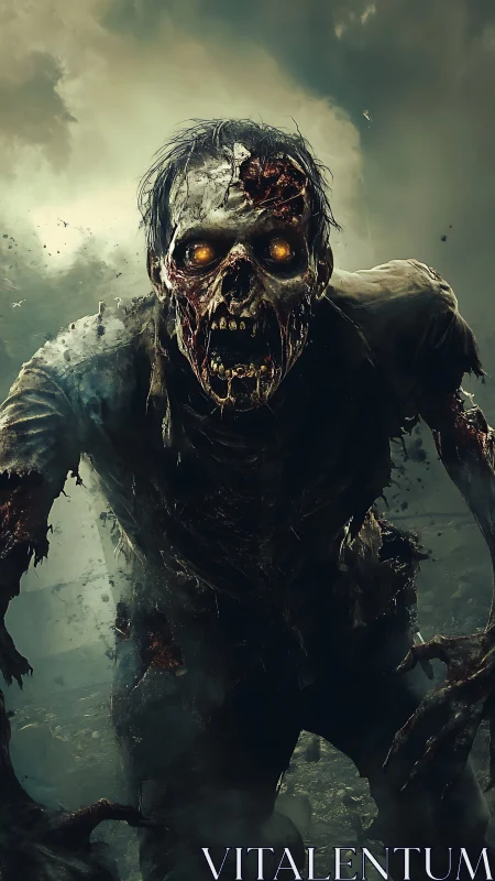 Decayed zombie figure with glowing eyes in dark foggy scene.