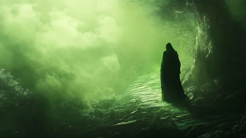 Hooded solitary figure on phosphorescent mist trail at night