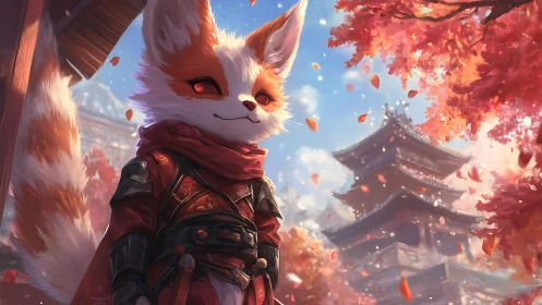 Fox wanderer smiles beneath autumn pagoda skies in bloom.