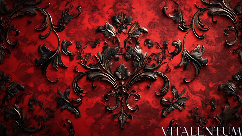Baroque black floral scrollwork glows over deep crimson velvet