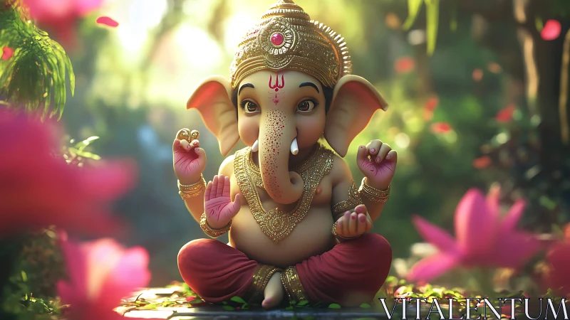 3D baby Ganesha idol in serene forest light meditation.