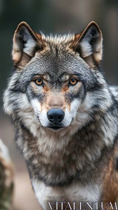 Front-facing gray wolf portrait with shallow depth of field