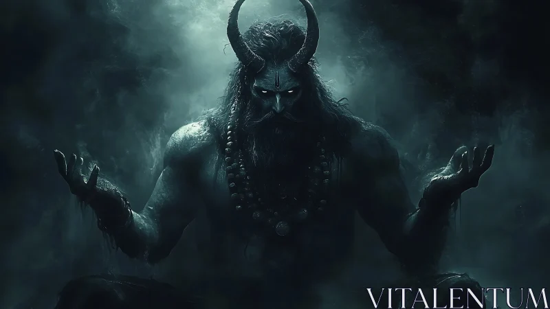 Horned shadow deity meditating in swirling abyssal fog.