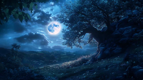 Full moon illuminates lone hillside tree above distant valley