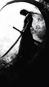 Ink-silhouetted samurai against lunar negative space field.