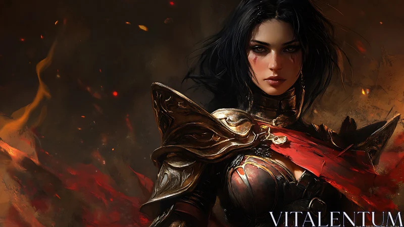 Fierce fantasy warrior framed in swirling embers and gold armor.