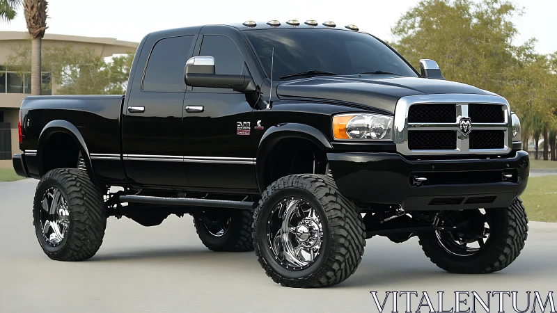 Lifted black Dodge Ram pickup truck on custom off-road wheels.