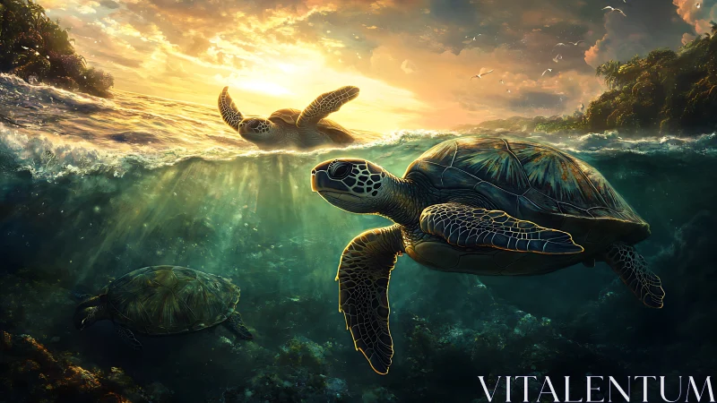Sunlit sea turtles drifting through a golden ocean evening.