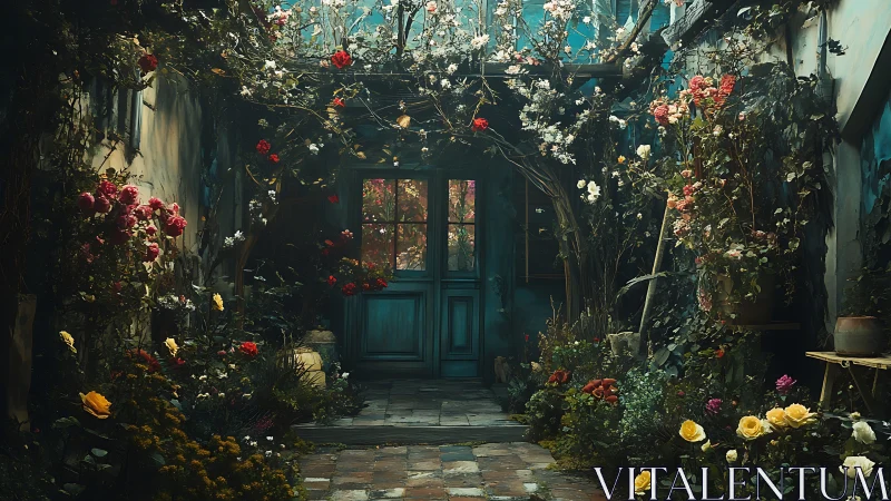 Hidden courtyard doorway framed by lush blooming roses.