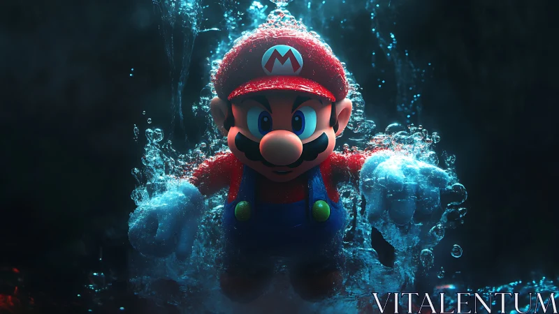 Energetic hero bursts through glowing water in vivid motion