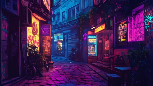 Neon-soaked backstreet glows with cyberpunk nightlife energy.