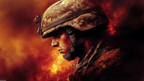 Profile view of modern soldier against fiery backdrop.