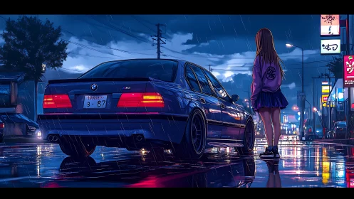 Girl and BMW sedan on wet neon city street at night.