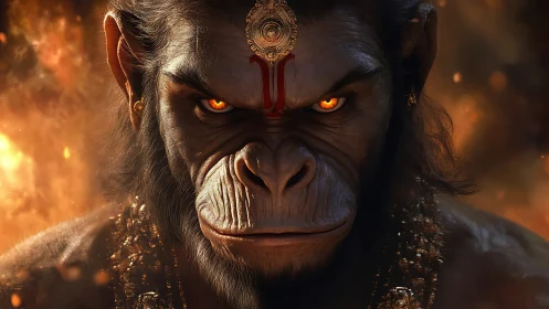 Divine simian warrior stares forward with burning eyes