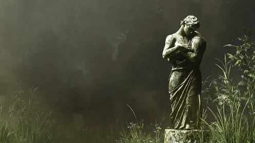 Weathered marble statue stands in misted overgrown garden